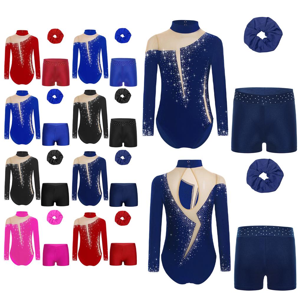 Girls 3 Piece Skating Set Long Sleeve Leotard Keyhole Back Mesh Patchwork Rhinestones Shorts Hairband