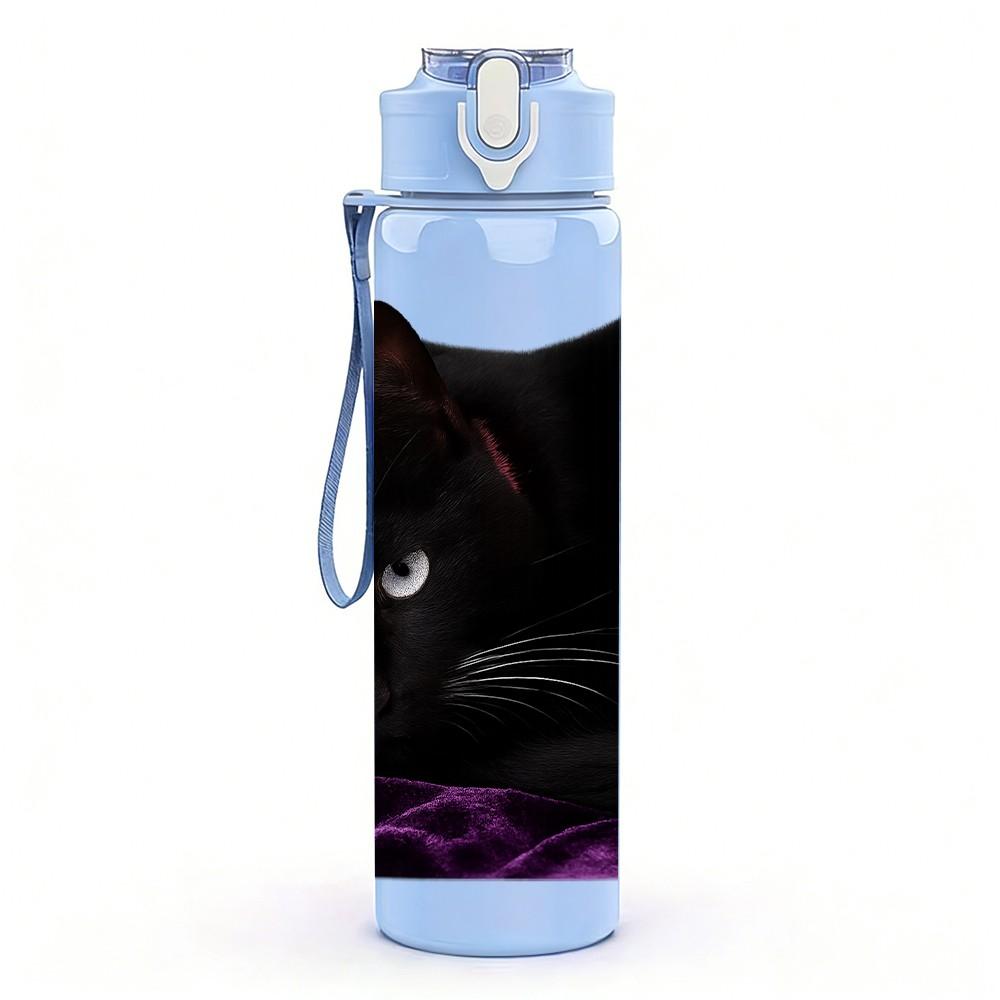1PC Sleepy Black Cat Resting Portrait Print 750ml Color Plastic Sports Water Bottle Leakproof Flip Straw Lid Suitable for Sports Office Home Use