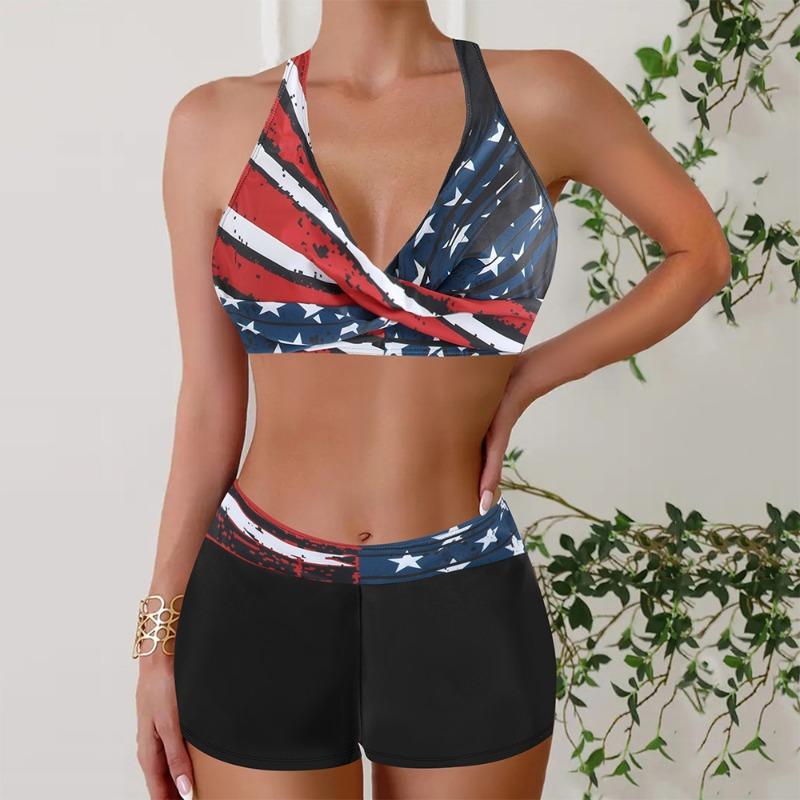 Women's Striped Cross V Neck Two Piece Swimsuit with Shorts