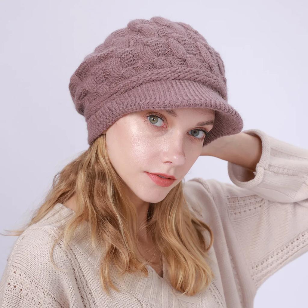 Chapeau tricoté torsades frites Chapeau en laine chaud épais en peluche adapté à la protection contre le vent extérieur en automne et en hiver