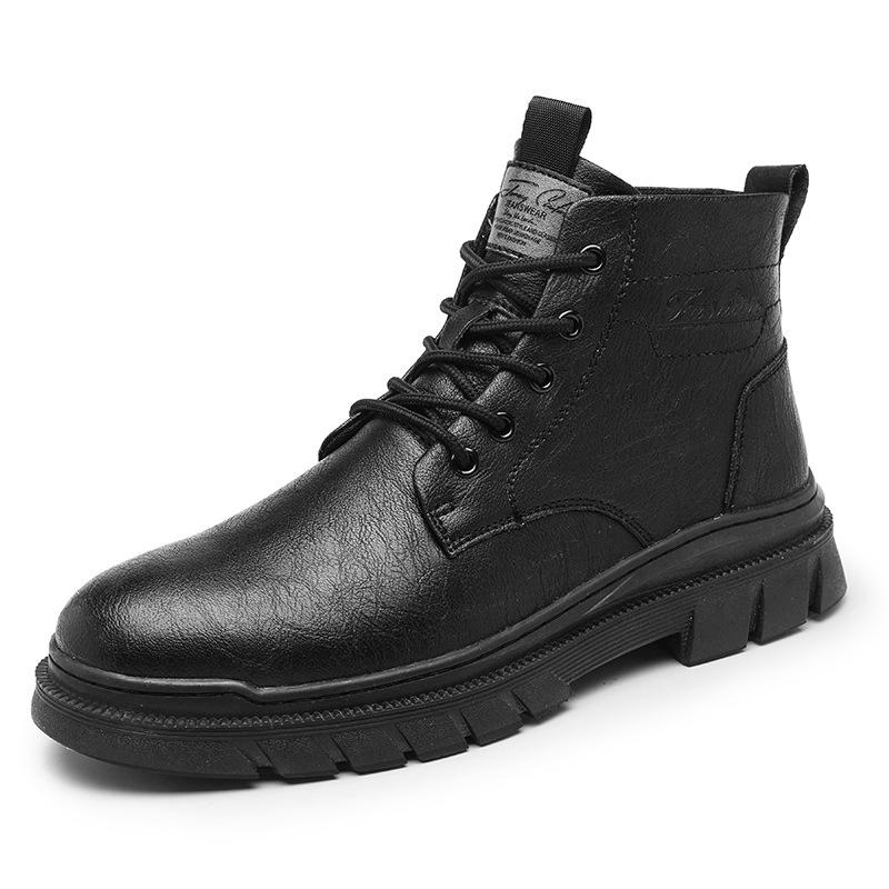 Winter Fashion Velvet Warm Martin Boots Personalized Polished High-top Leather Tooling Boots Men's Lace-up Casual Leather Boots