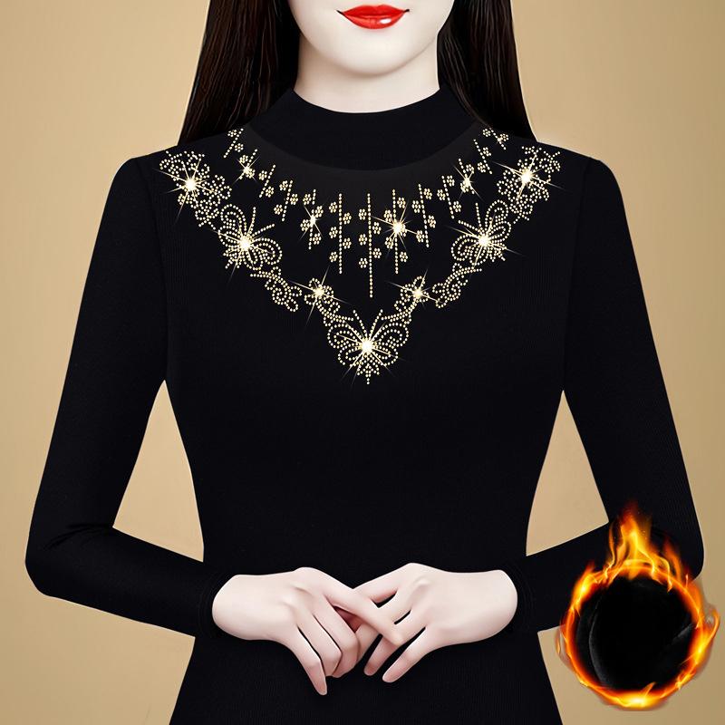 Spring Ironing Diamond Base Shirt for Women with Small Shirt for Women with Slim Fit and Fashionable Mother Plus Velvet Top
