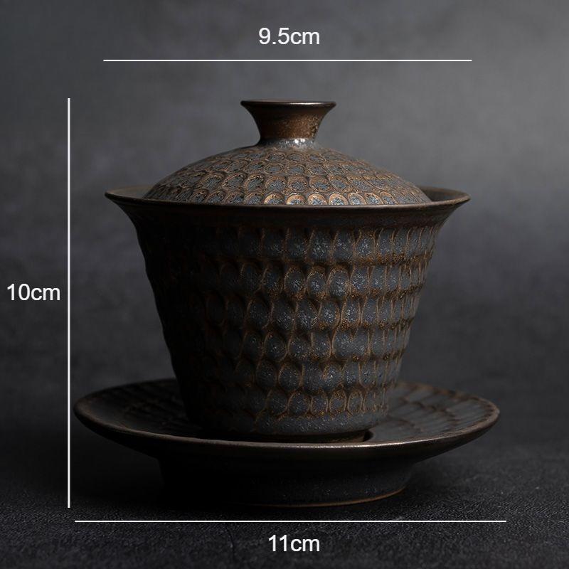 

Gilded Hammer Patterned Lid Bowl Household Ceramic Tea Bowl Chinese White Host Tea Cup Drinking Utensils Kung Fu Accessories 160ml
