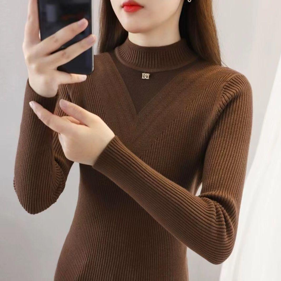 

Зимняя одежда, женский осенний вязаный свитер с полувысоким воротником и длинными рукавами, рубашка, тонкий тонкий топ с вышивкой L темно-коричневого