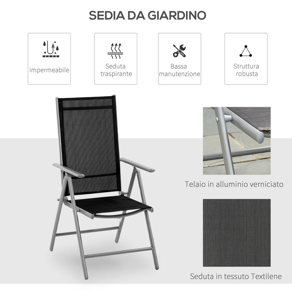 Folding Garden Chair in Aluminium and Textilene with Backrest Adjustable to 7 Levels, Black 65x55x85-105cm