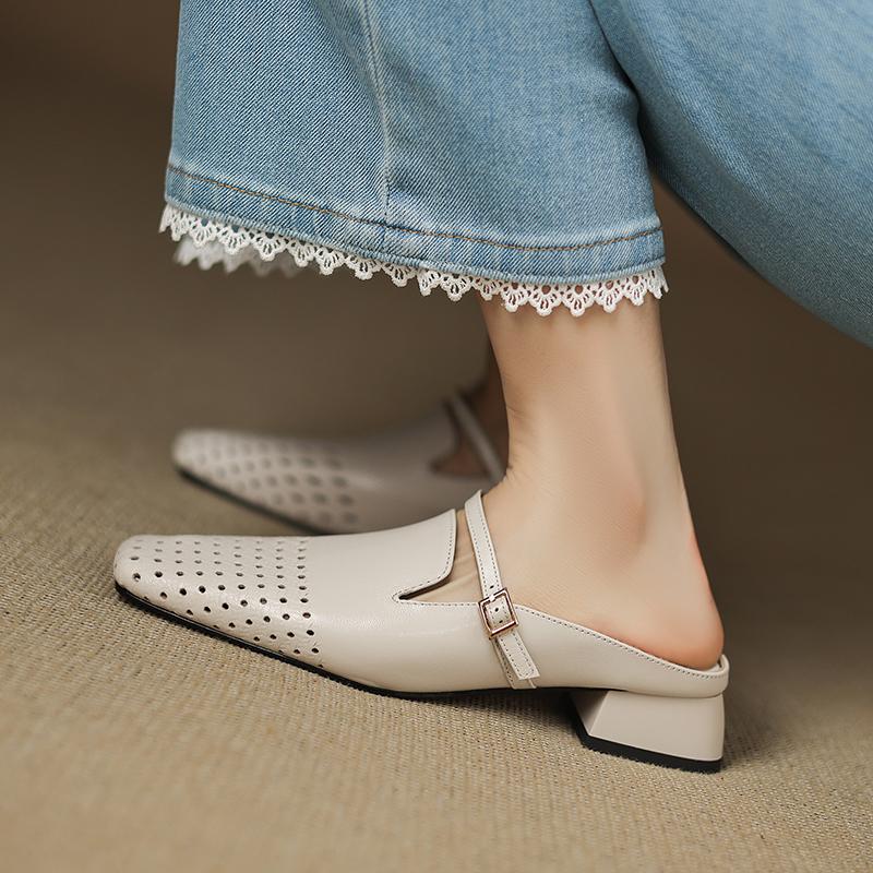 Mode 2025 Sommer Damen Schuhe Echtes Leder Eckige Zehenpartie Damen Sandalen Ausgehöhlt Atmungsaktive Sandalen für Damen Klobiger Absatz Pantoletten Schuhe