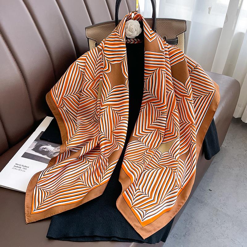 Luxury 90*90cm Square Women Silk Scarf Abstract Striped Print Design Hijabs Female Neckerchief Scarves Wrap Headband Bandana
