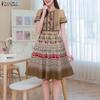 ZANZEA Women Stand Collar Casual Short Sleeve Retro Print A-line Dress