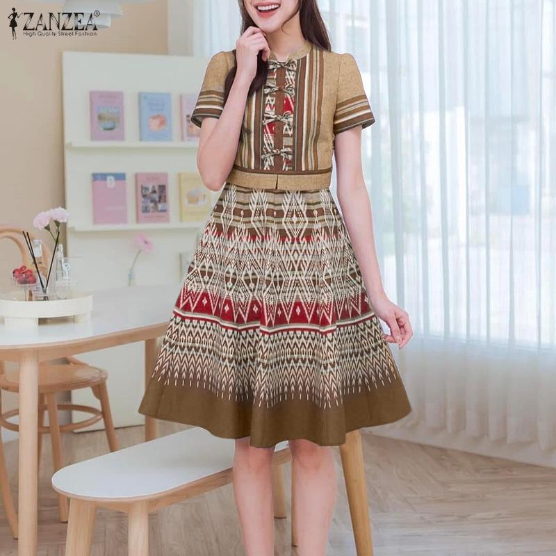 ZANZEA Women Stand Collar Casual Short Sleeve Retro Print A-line Dress