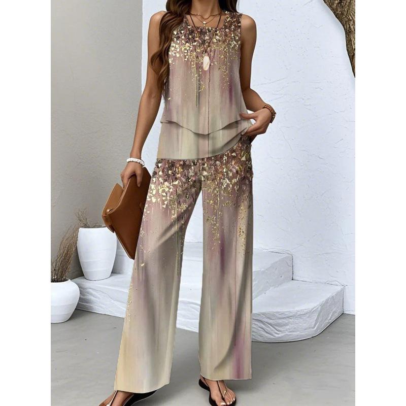 Women's Loose Fit Two Piece Outfit Sleeveless Tank Top High Waist Wide Leg Pants Set With 3D Abstract Print For Casual Summer Daily Wear