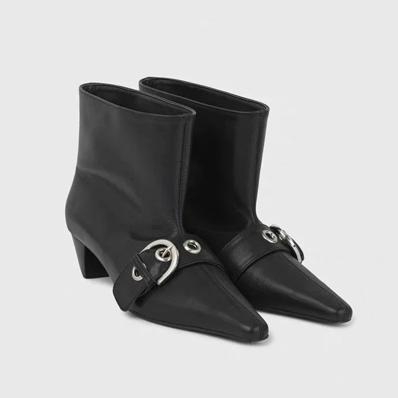 Fashion Fashion Snap Pointed Toe Low Heel Booties Women Spring and Autumn New Outside Wear Metal Buckle Sleeve Single Boots