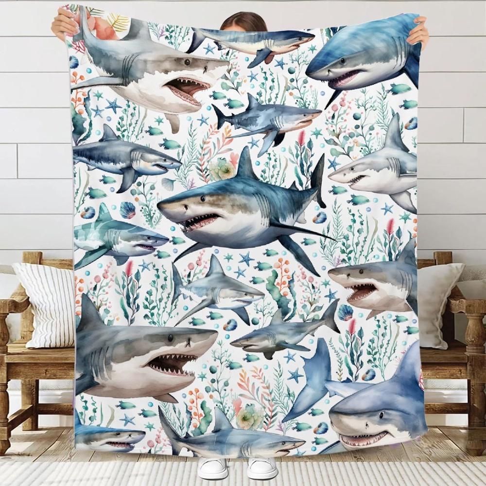 Ultra-Soft Shark Blanket & - 280gsm Flannel Throw with Shark & Turtle Ocean Print, All-Season Bed & Couch Blanket, 4 Sizes, Mach 75X95CM