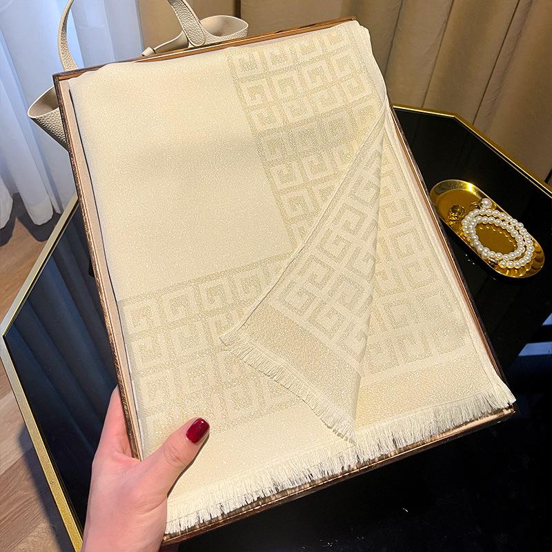 Long Scarf Fashion Simulation Silk Scarf Women'S Fashion Versatile Scarf Shawl Dustproof Premium Tencel Cotton Gold Silk