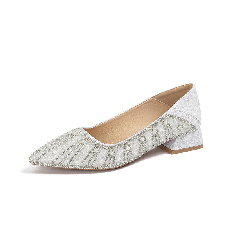 Fashion Luxury Pearl Beading high heels shoes for woman silver crystal pumps pointed toe sequines cloth bling tacones mujer big size 43