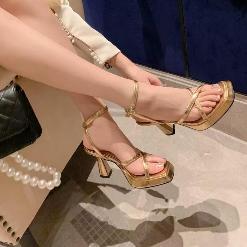 Summer New Sandals Women's Open-toe Gold One-word Buckle Silver Sexy Thick Heel High Heel