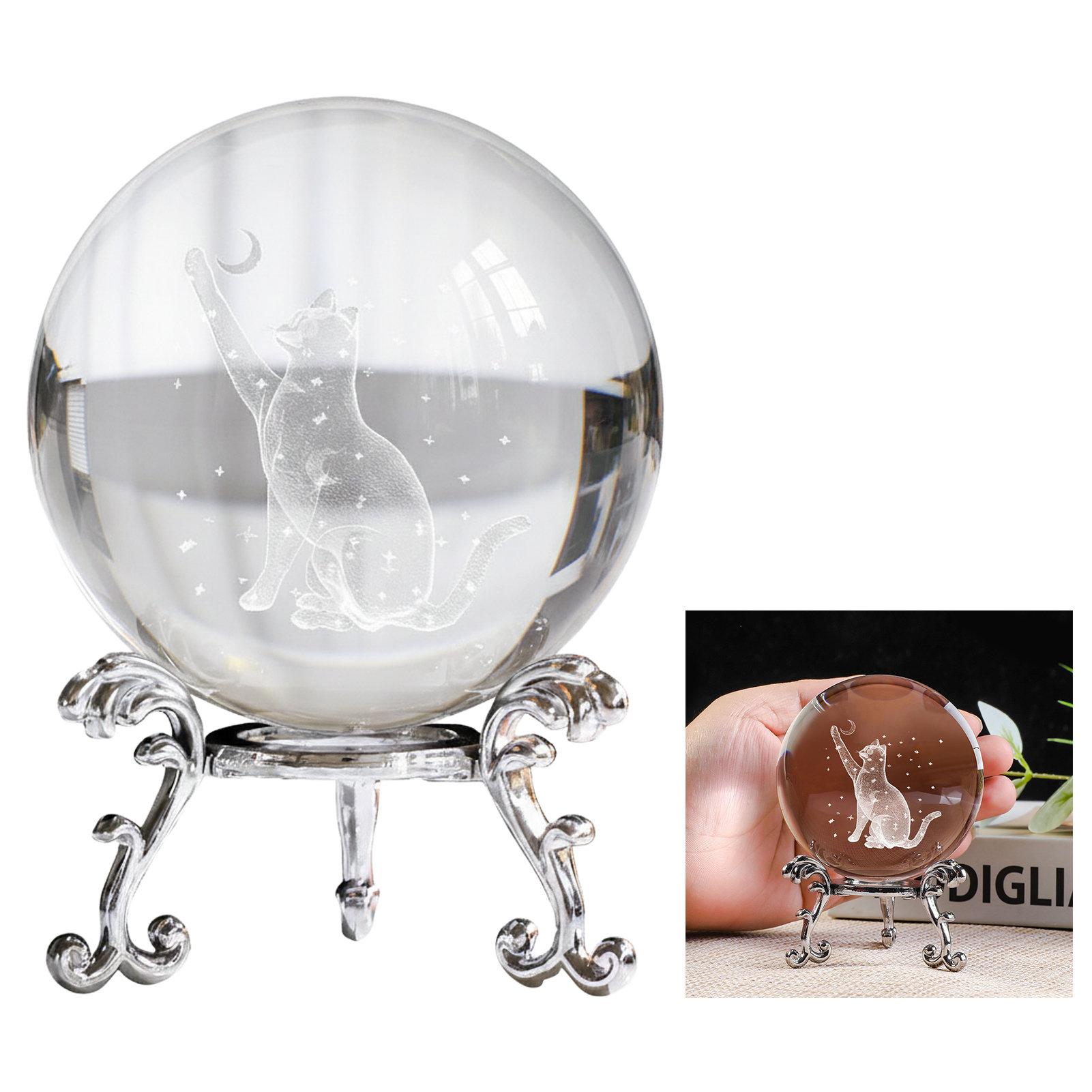 

3D Carving Crystal Cat Paperweight for Desk Decoration Transparent Crystal Ball with Cat Design 6CM WITH METAL BASE хрустальный шар