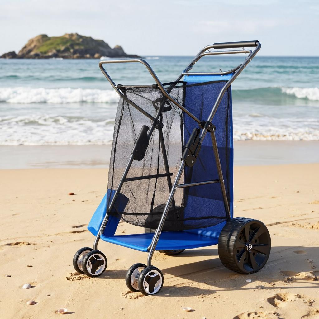 Strandkarre mit großen Rädern für Sand, 75 kg Tragfähigkeit, Robuster faltbarer Strandwagen mit 250 mm Vollgummirädern, Isolierte Kühltasche, Sonnenschirm