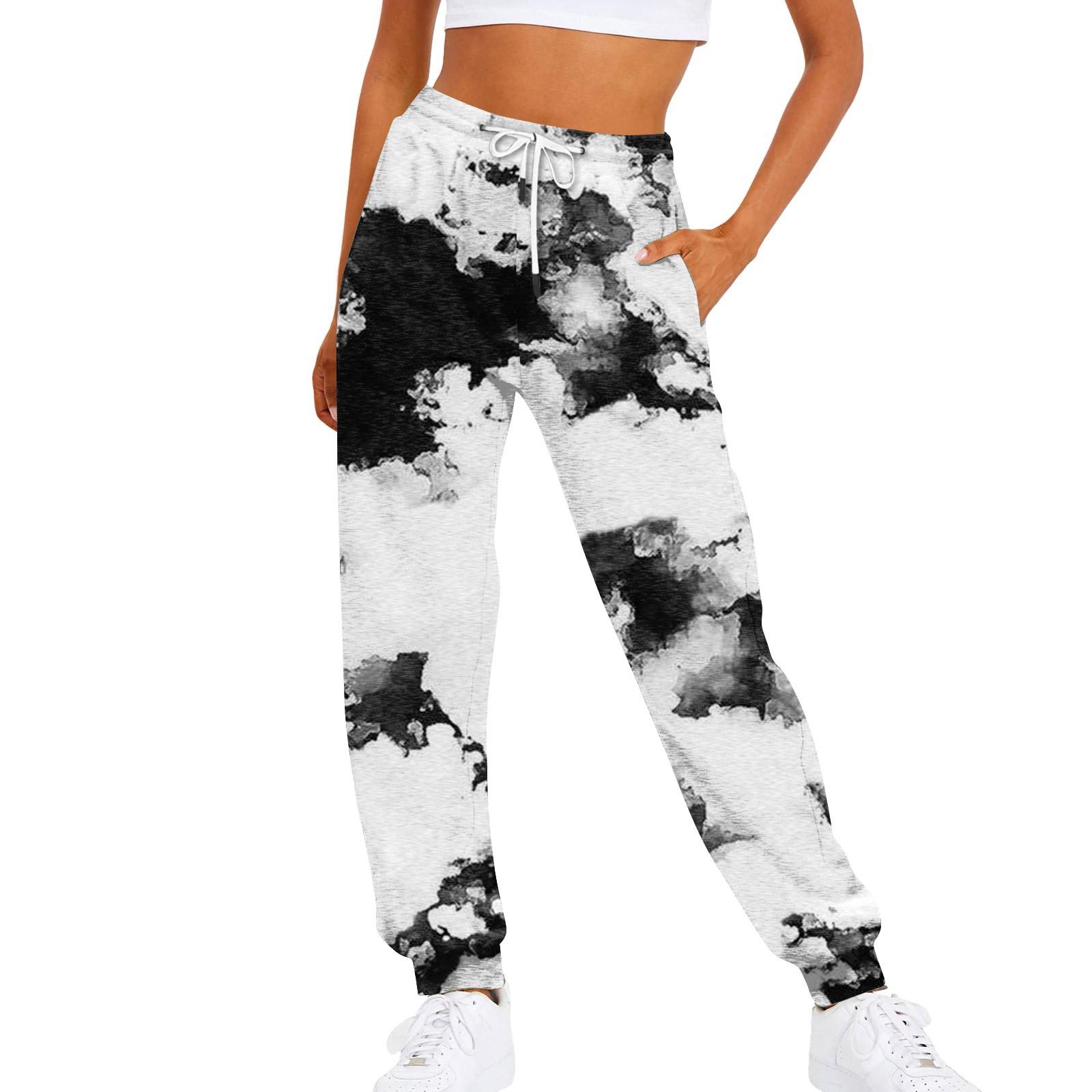 

Женская повседневная мода Повседневные брюки с эластичным поясом и эластичной резинкой на талии с принтом тай-дай и шнурком на талии XL белый