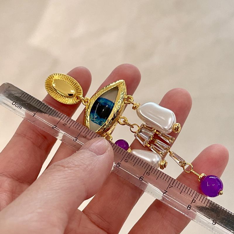 Vintage Baroque Pearl Zircon Tassel Earrings with Crystal Accents