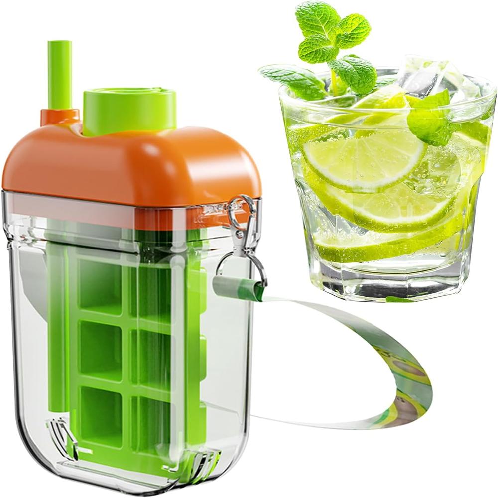 Ice Cube Bottle with Straw, 2 In 1 Touch-Free Push-Type Ice Cube Making Bottle, Easy Release Water Bottle Ice Mold зелёный