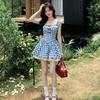 New summer French retro blue plaid small flying sleeves love dress high-end tutu skirt female tide