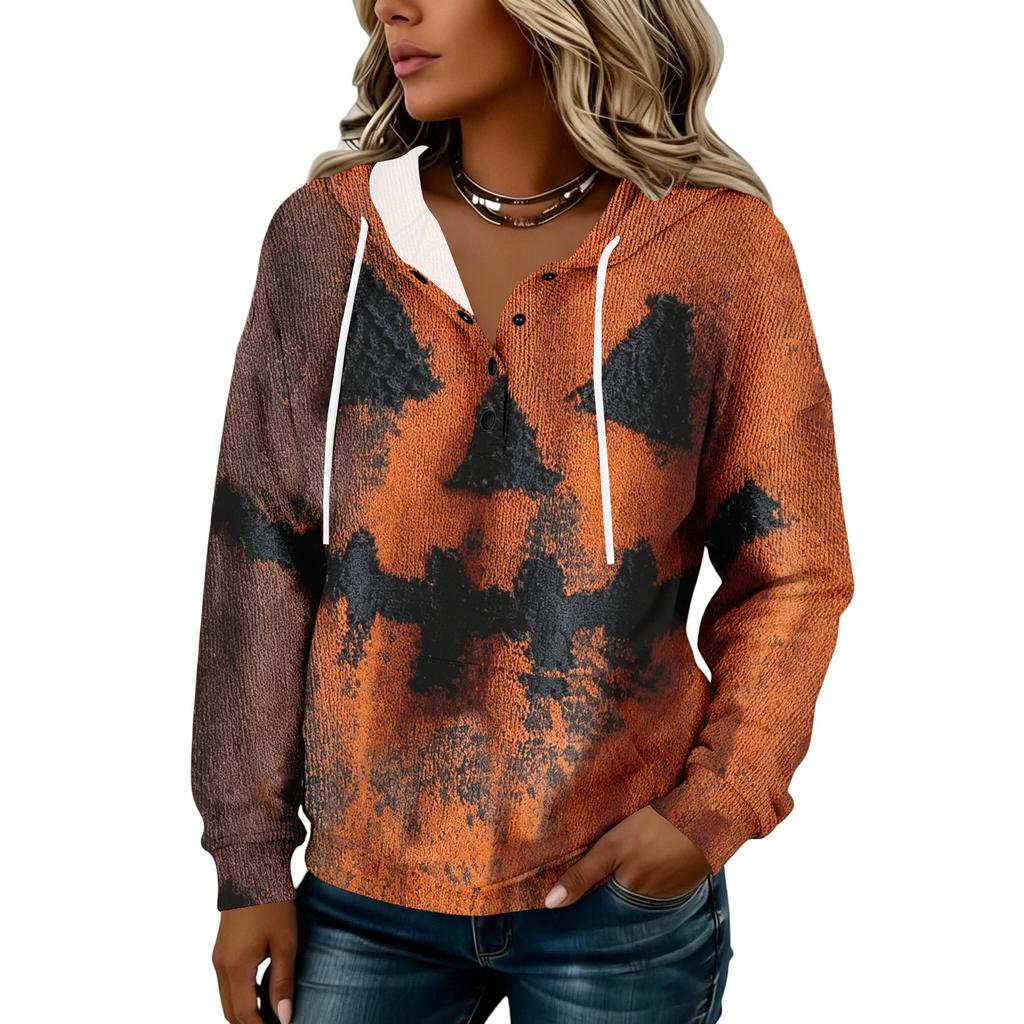 Women's Fashion Hooded Halloween Print Sweatshirt with Buttons for Festive