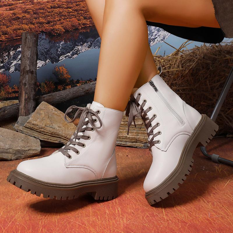 Fashion Autumn Winter Short Plush Ankle Boots Women Fashion Lace Up Pu Leather Platform Boots Woman Thick Sole Motorcycle Botas Mujer 42