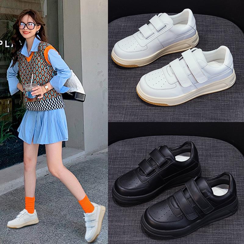 Women's White Platform Sneakers - 5cm Height Boost, Autumn Casual, Velcro, Thick Sole, Genuine Leather.