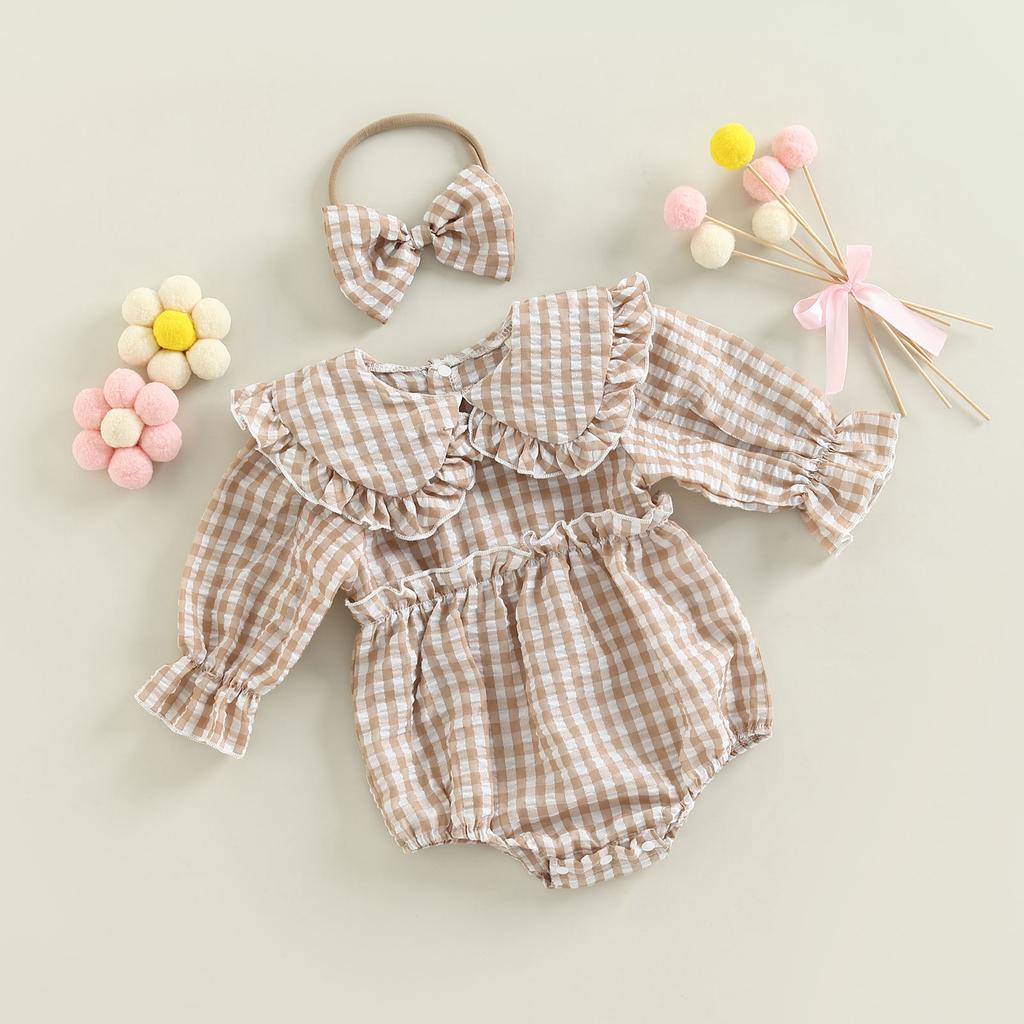 2Pcs Baby Girl Fall Outfit, Plaid Doll Collar Long Sleeve Ruffle Romper + Hairband Set for Infants, 0-18 Months