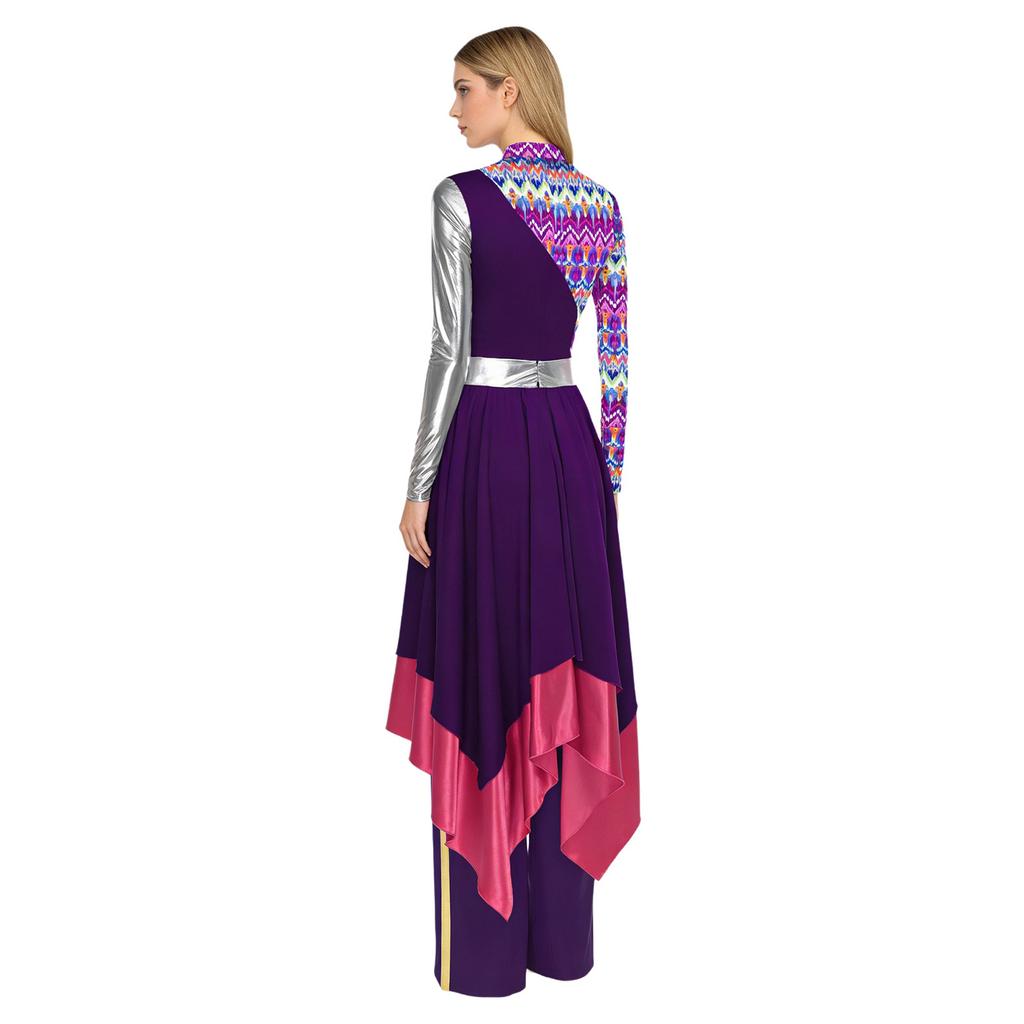 Womens Printed Dress Wide Leg Pants Set Irregular Hem Long Sleeve Metallic Patchwork Praise Dance Choir Wear