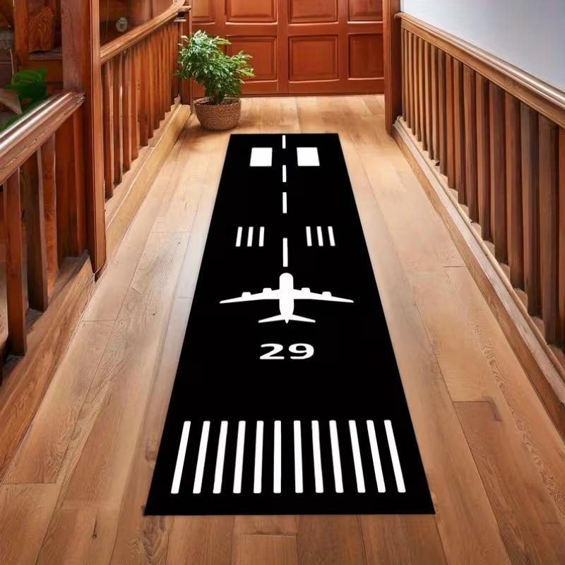 Aviation Runway Pattern Long Runner Rug Non Slip Hallway Entryway Carpet Soft Wear Resistant Kids Playroom Decor Mat