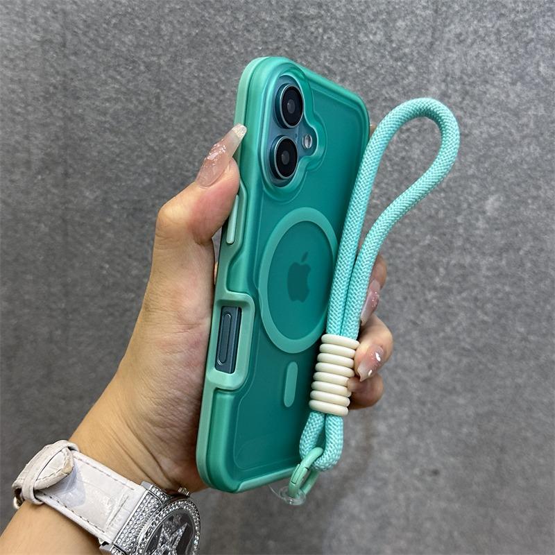 

for Magsafe Double Color Hand Wrist Strap Case for iPhone 16 15 14 13 Pro Max Plus 12 11 Matte Lanyard Magnetic Hard Armor Cover for iPhone 11
