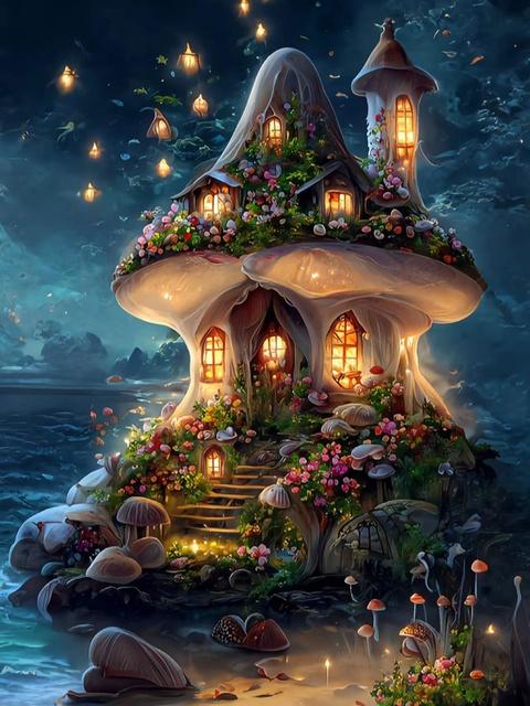 Full Round Embroidery Diamond Square Mosaic Fantasy Mushroom House Diamond Painting Cross Stitch Hand Landscape Home Decor
