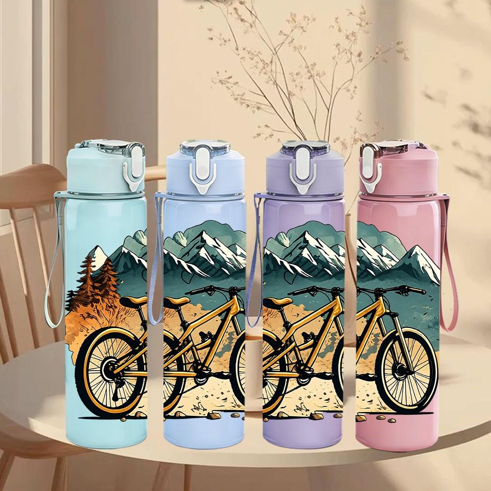 1PC Mountain Bicycle Nature Scene 750ml Color Plastic Sports Water Bottle Leakproof Flip Straw Lid Suitable for Sports Office Home Use