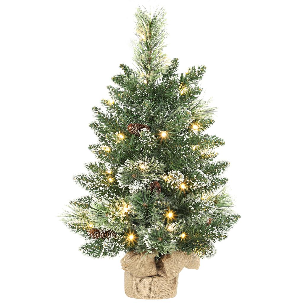 60 cm Prelit Small Christmas Tree, Snow Flocked Tabletop Mini Xmas Tree with 35 LED Lights, Pine Cones and Linen Cover Base, Battery Operated, Green