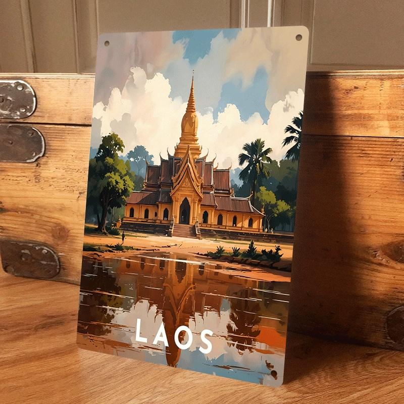 

1 piece: Lao traditional temple landscape tin painting, retro style home decoration, art living room/office wall hanging with re (as the picture,20x30cm)