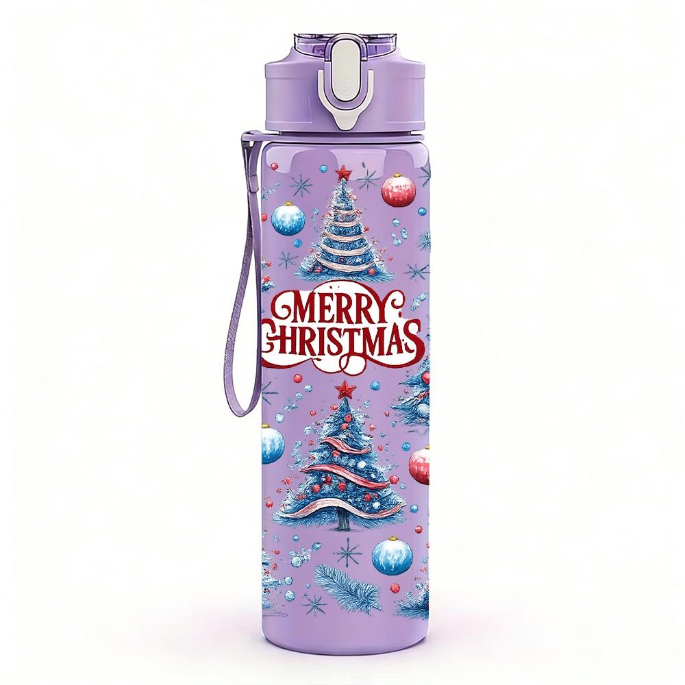 1PC Blue Snow Pine Christmas Tree 750ml Color Plastic Sports Water Bottle Leakproof Flip Straw Lid Suitable for Sports Office Home Use