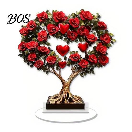 Crystal Rose Ornament Acrylic Ornament, 2D Flat Flower Decoration with Base, Table Art Centerpiece Romantic Desktop Decor for Home Shelf Cabinet