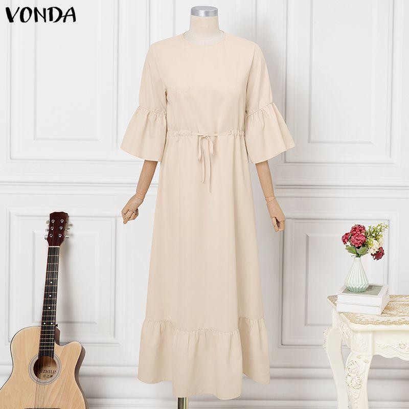 

VONDA Women V Neck 3/4 Sleeve Casual Loose Drawstring Waist Maxi Rufffled Dress Robes M абрикосовый