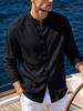 Men's Textured Long Sleeve Mandarin Collar Button-Up Shirt with Roll-Up Sleeves - Lightweight Summer Vacation Beach Top.