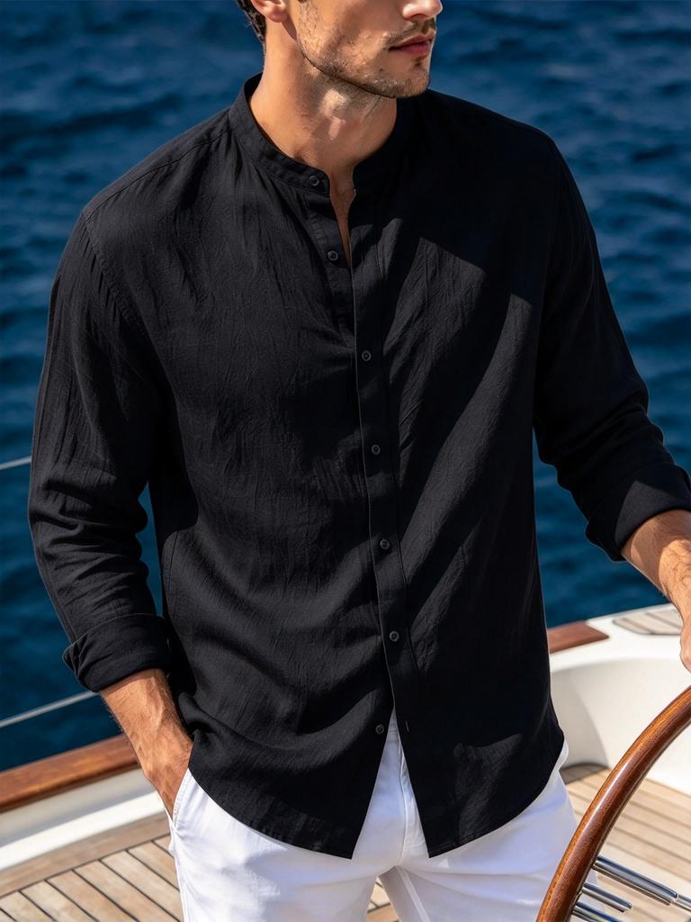 Men's Textured Long Sleeve Mandarin Collar Button-Up Shirt with Roll-Up Sleeves - Lightweight Summer Vacation Beach Top.