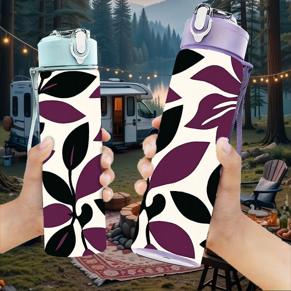 1PC Purple Floral Repeat Pattern 750ml Color Plastic Sports Water Bottle Leakproof Flip Straw Lid Suitable for Sports Office Home Use