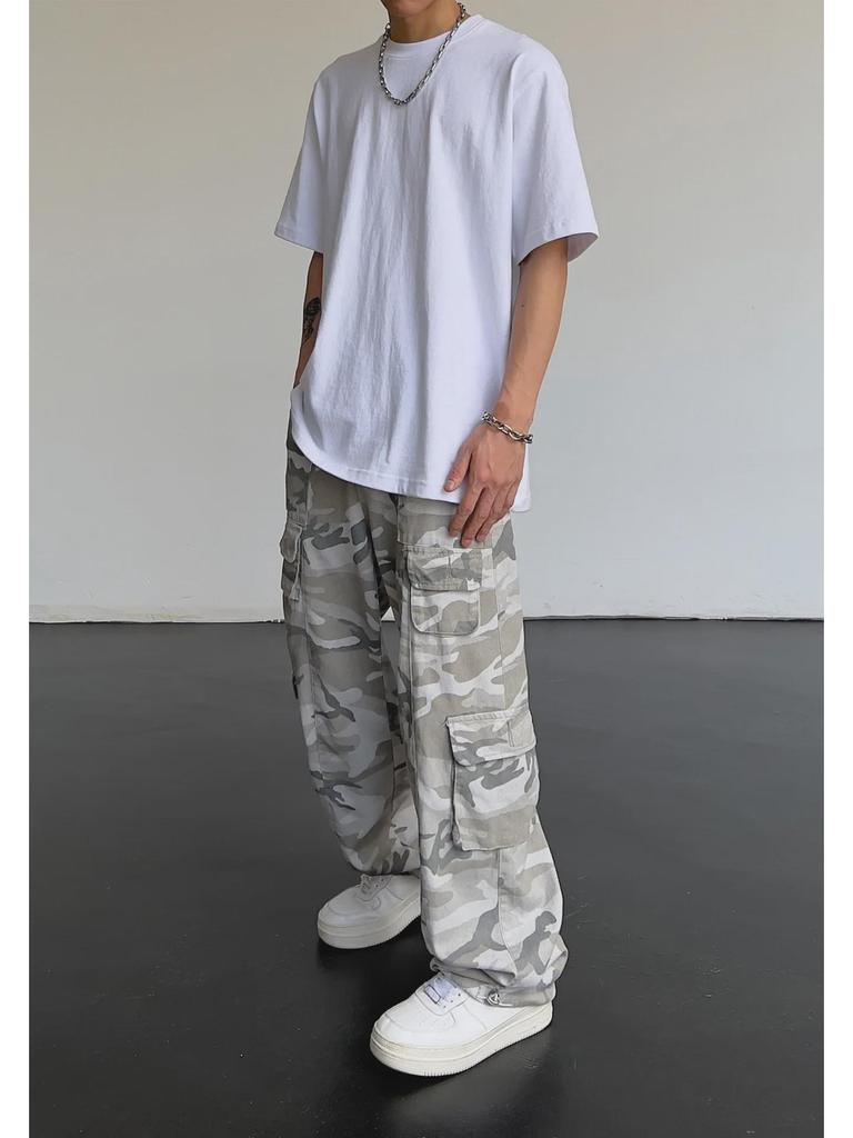 Pánské retro americké maskáčové seprané kalhoty volného střihu rovného střihu