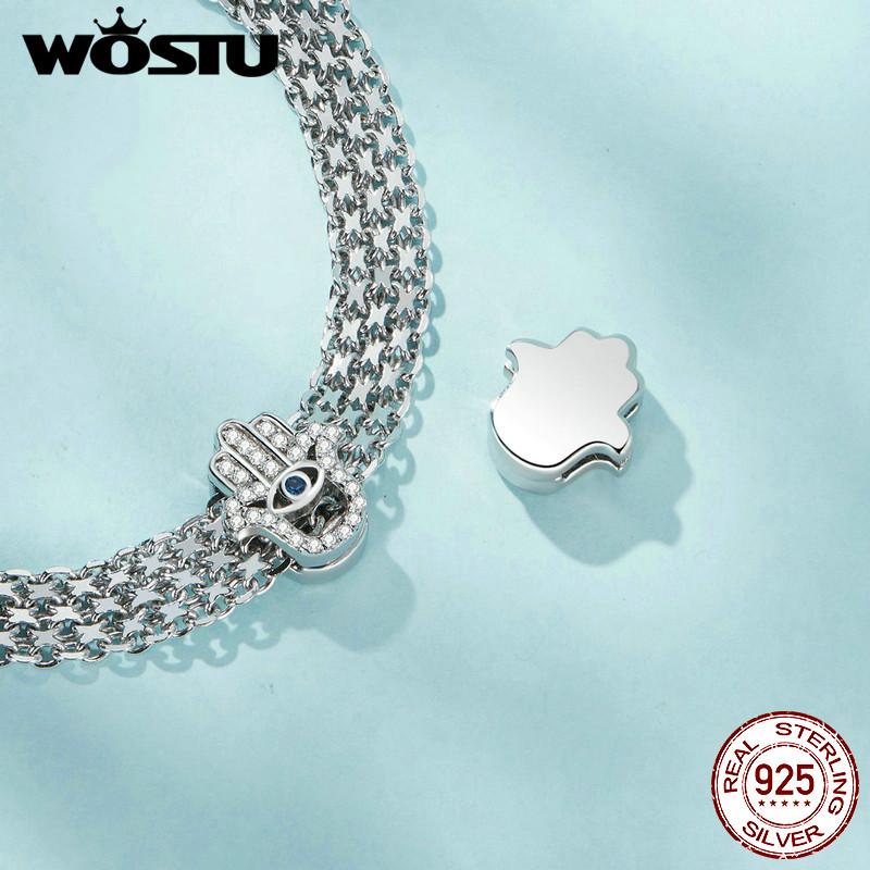 WOSTU 925 Sterling Silver Heart Clip Charms Hand of Fatima Bead Lotus Flower Pedant Fit Reflection Mesh Bracelet DIY Jewelry New