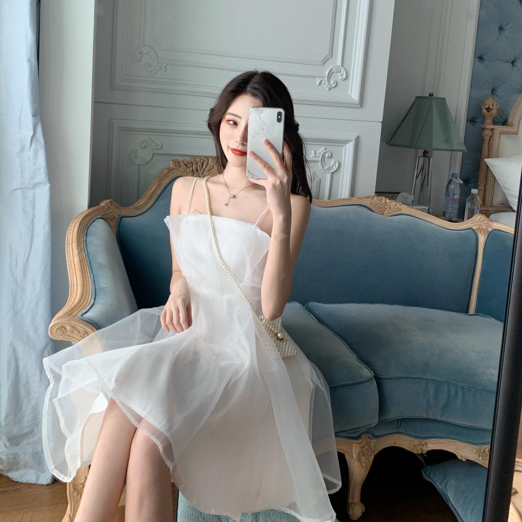 Sweet Fairy Halter Dress Short A-Line Skirt Waist-Cinching Slimming Elegance Korean Style Casual Spring Summer Women's Dress