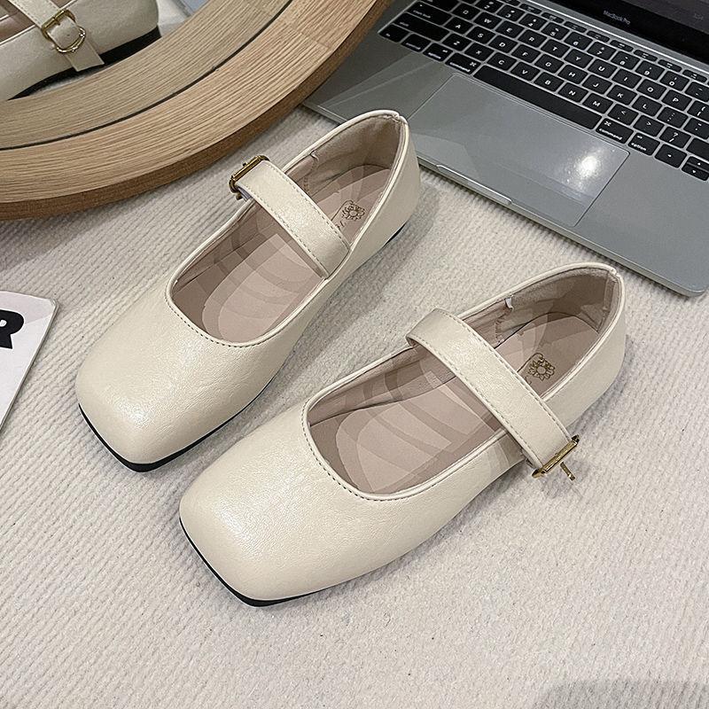 

2025 Новые туфли Мэри Джейн Женские Натуральная кожа Квадратный носок Плоские балетки Коровья кожа Женские туфли 40 грязно-белый