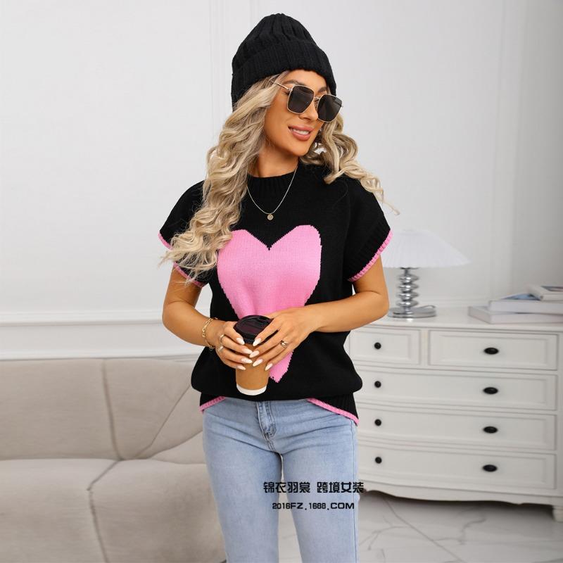 Podzimní a zimní pulovrová vesta s kulatým výstřihem a pletená svetrová vesta s krátkým rukávem a motivem lásky pro ženy