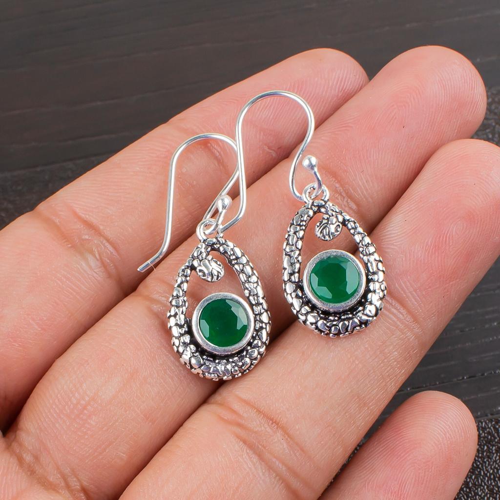 Green Onyx Gemstone 925 Sterling Silver Jewelry Designer Women Earrings 1.38" CE-3-14