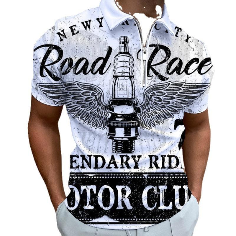 Trendy short-sleeve polo with zipper, chain print casual top.