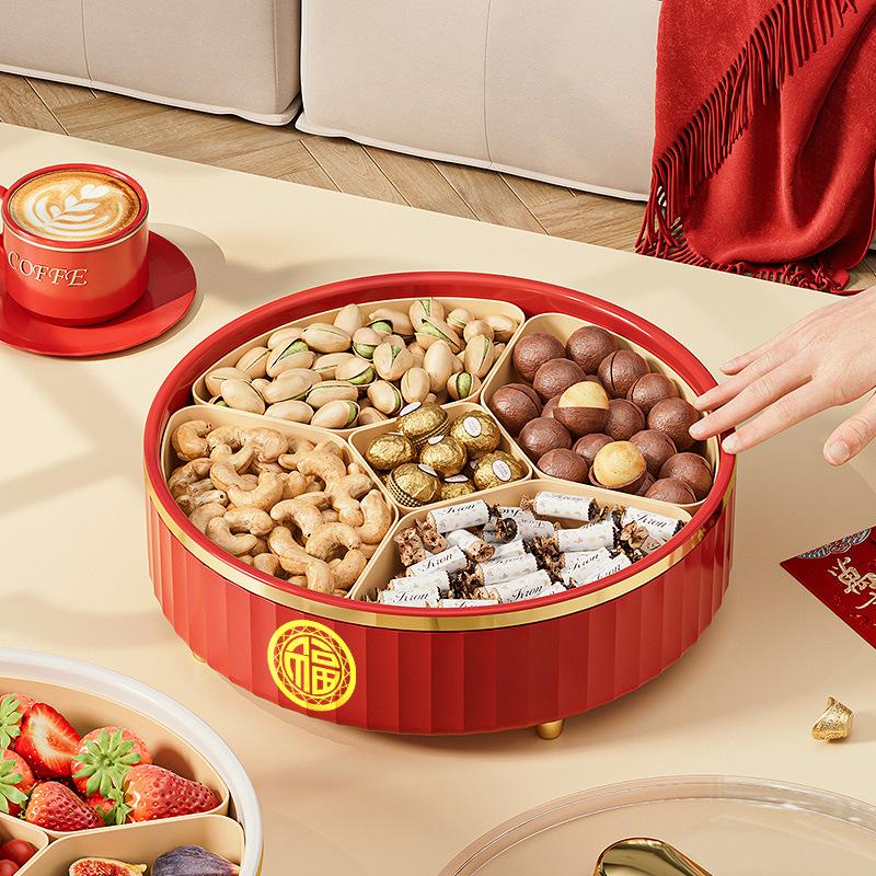 Neujahrs-Süßigkeitenteller Haushalt Wohnzimmer Couchtisch Aufbewahrungsbox für Trockenfrüchte Leichter Luxus High-End Drehbar Gitter Melonenkerne Obstteller mit Deckel